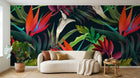 Design L0359 — Papier peint Fleurs tropicales rouges et calla fond fonce — Novomur