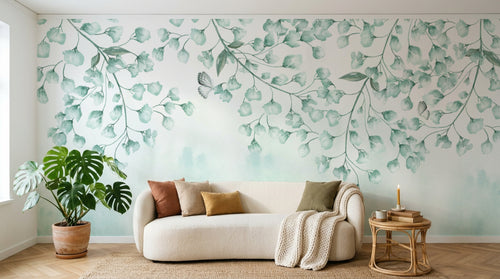 Design L0392 — Papier peint Branches feuilles vert d'eau cascade — Novomur