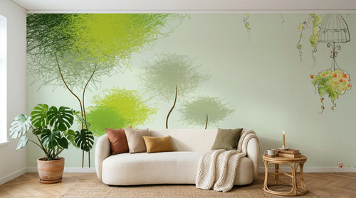 Design L0604 — Papier peint Arbres griffonnes vert cage oiseaux — Novomur