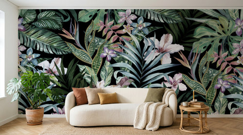 Design L0654 — Papier peint Pattern jungle hibiscus orchidees fond marine — Novomur