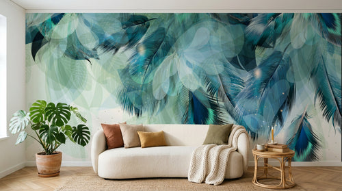 Design L0765 — Papier peint Plumes paon turquoise feuilles — Novomur