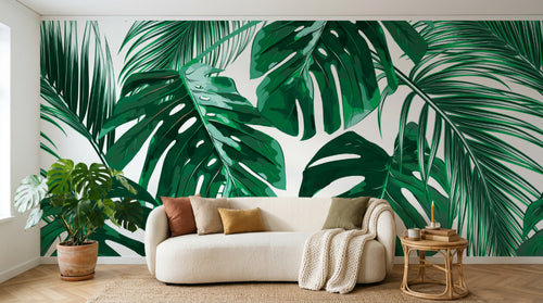 Design L0859 — Papier peint Monstera et palmes vert eclatant fond blanc — Novomur