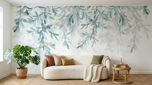 Design L0892 — Papier peint Branches feuilles vert eau cascade pastel — Novomur