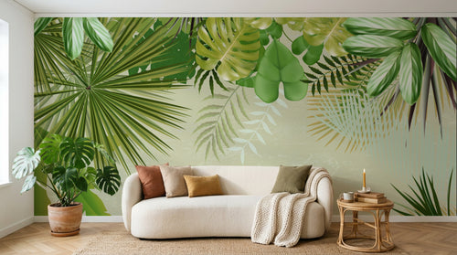 Design L1010 — Papier peint Encadrement feuillage tropical fond beige — Novomur