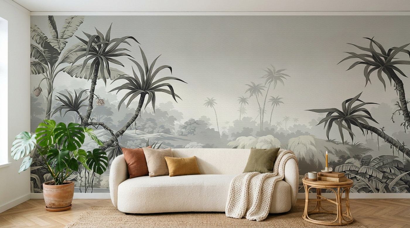 Papier peint Palmier Tropical Vert - Collection 4 SD0032 en situation — Paysage tropical gris sépia gravure vintage — Design SD0032