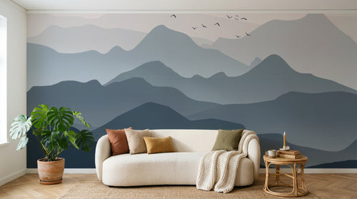 Design SL0010 — Papier peint Montagnes silhouettes bleues degrade ciel rose — Novomur