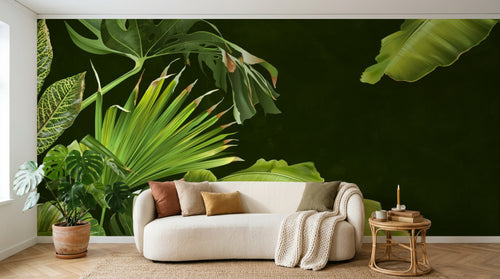 Design SL0026 — Papier peint Feuillage tropical fond vert sombre — Novomur
