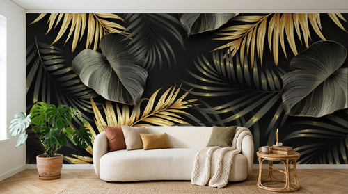 Design SL0033 — Papier peint Feuilles tropicales noir et or luxe — Novomur