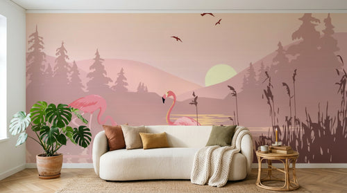 Design SL0060 — Papier peint Flamants roses coucher soleil lac roseaux — Novomur