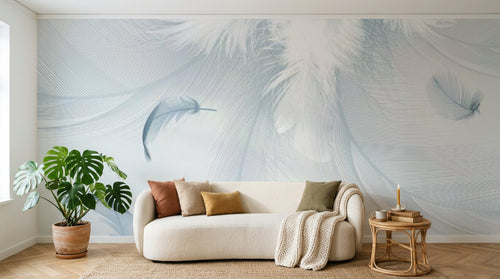 Design SL0061 — Papier peint Plumes blanches fond gris bleu lignes — Novomur