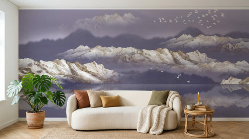 Design SL0063 — Papier peint Montagnes blanches dorees reflet ciel violet — Novomur