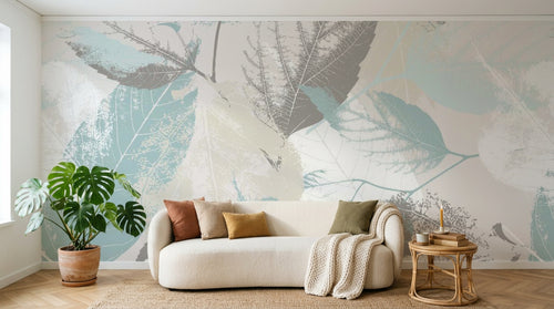 Design SL0083 — Papier peint Feuilles stencil turquoise beige fond creme — Novomur