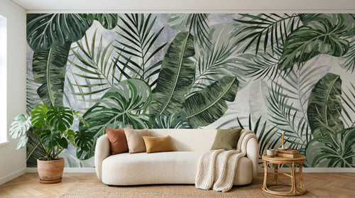 Design SL0086 — Papier peint Feuilles tropicales fond marbre gris — Novomur