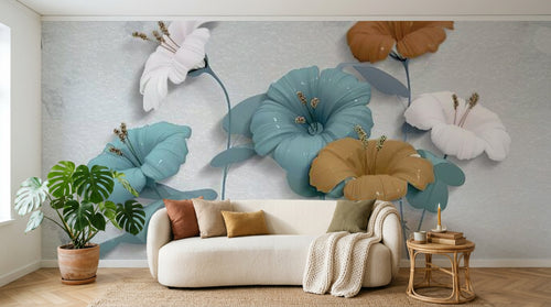 Design SL0089 — Papier peint Hibiscus 3D bleu marron aquarelle — Novomur