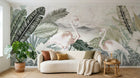 Design SL0097 — Papier peint Flamants roses palmes fond marbre — Novomur