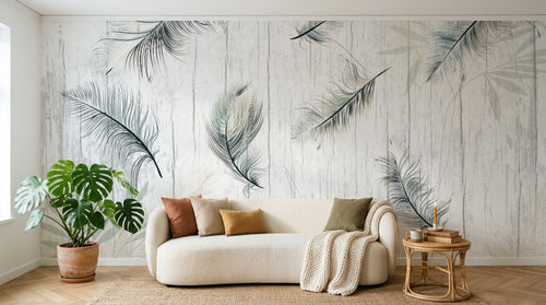 Design SL0109 — Papier peint Plumes noires fond bois blanc tropical — Novomur