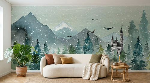 Design SL0111 — Papier peint Paysage hivernal renard chateau sapins — Novomur
