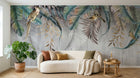 Design SL0140 — Papier peint Bananiers palmes oiseaux fond beton — Novomur