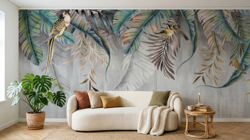 Design SL0140 — Papier peint Bananiers palmes oiseaux fond beton — Novomur