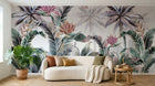 Design SL0141 — Papier peint Jungle pastel oiseaux paradis fond brume — Novomur