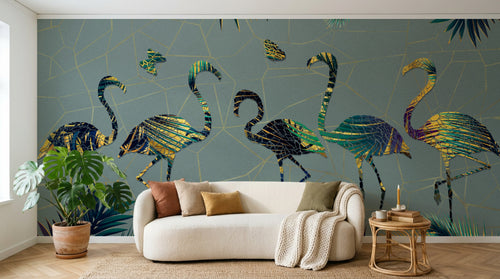Design SL0143 — Papier peint Flamants silhouettes colorees fond gris — Novomur