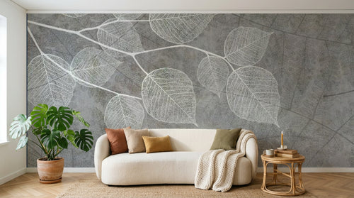 Design SL0168 — Papier peint Branche feuilles transparentes blanches gris — Novomur
