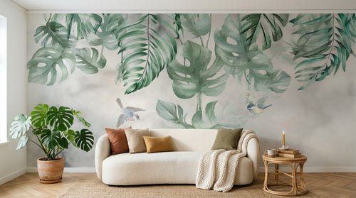 Design SL0173 — Papier peint Monstera cascade oiseaux fond marbre — Novomur