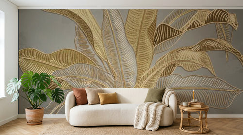 Design SL0175 — Papier peint Bananier dore relief fond gris — Novomur
