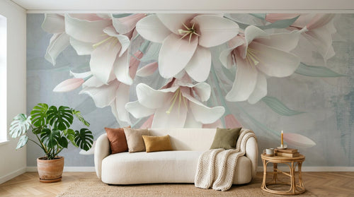 Design SL0191 — Papier peint Lis blancs cascade rose pastel — Novomur