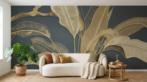Design SL0206 — Papier peint Bananier dore relief fond bleu marine — Novomur
