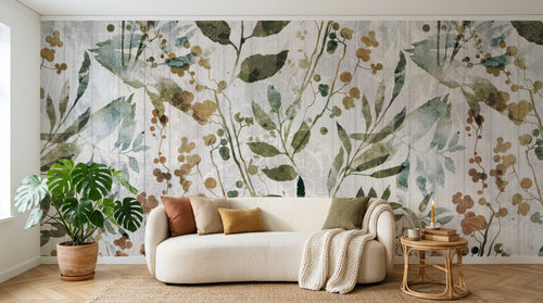 Design SL0235 — Papier peint Feuilles botaniques aquarelle vert beige — Novomur
