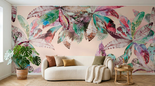 Design SL0262 — Papier peint Feuilles boho aquarelle multicolores fond rose — Novomur