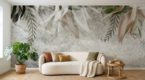 Design SL0278 — Papier peint Feuilles pendantes fond beton vintage — Novomur