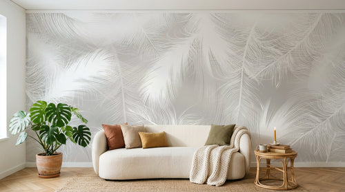 Design SL0279 — Papier peint Plumes blanches duveteuses fond gris — Novomur