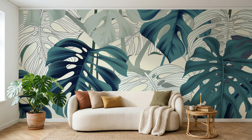 Design SL0297 — Papier peint Monstera turquoise lignes fond creme — Novomur