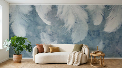 Design SL0331 — Papier peint Plumes blanches fond bleu pastel — Novomur