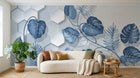 Design SL0333 — Papier peint Monstera bleue hexagones fond blanc — Novomur