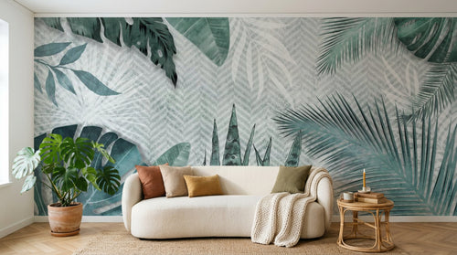 Design SL0334 — Papier peint Feuillage tropical sauge fond chevron — Novomur