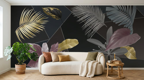 Design SL0341 — Papier peint Feuilles tropicales colorees fond noir geometrique — Novomur