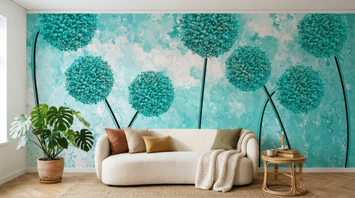 Design SL0350 — Papier peint Pissenlits turquoise fond grunge — Novomur