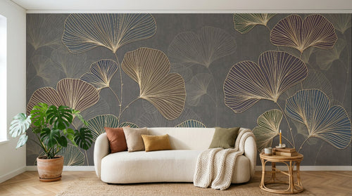 Design SL0351 — Papier peint Ginkgo nervures dorees multicolores gris — Novomur