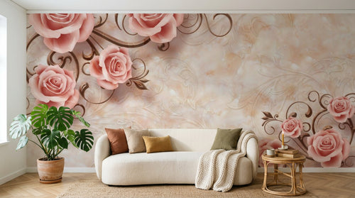 Design SL0371 — Papier peint Roses pales arabesques fond beige damasse — Novomur