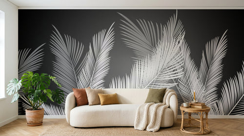 Design SL0386 — Papier peint Palmes blanches fond gris fonce contraste — Novomur