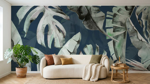 Design SL0396 — Papier peint Monstera bananier fond bleu marine — Novomur