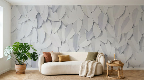 Design SL0397 — Papier peint Feuilles blanches relief 3D minimaliste — Novomur