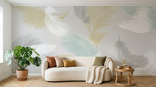 Design SL0398 — Papier peint Plumes multicolores fond gris pale — Novomur