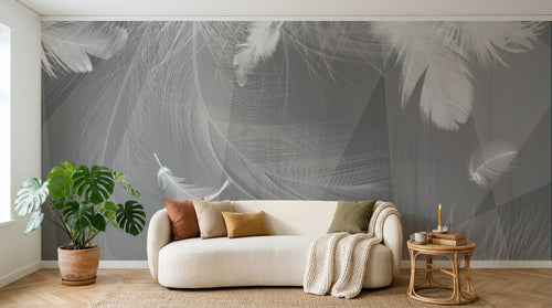 Design SL0399 — Papier peint Plumes blanches fond gris lignes fluides — Novomur
