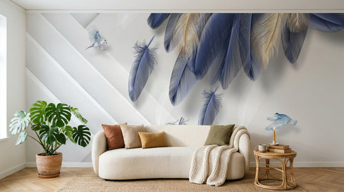 Design SL0447 — Papier peint Plumes bleues dorees triangles fond blanc — Novomur