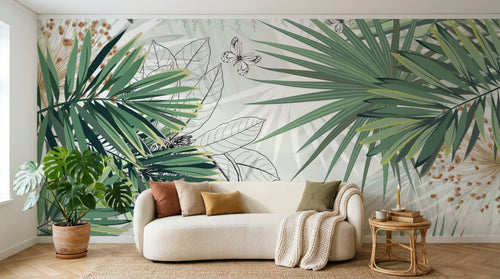 Design SL0448 — Papier peint Palmes fougeres contours blanc minimaliste — Novomur