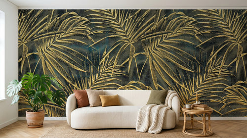 Design SL0455 — Papier peint Palmes dorees fond bleu marine luxe — Novomur